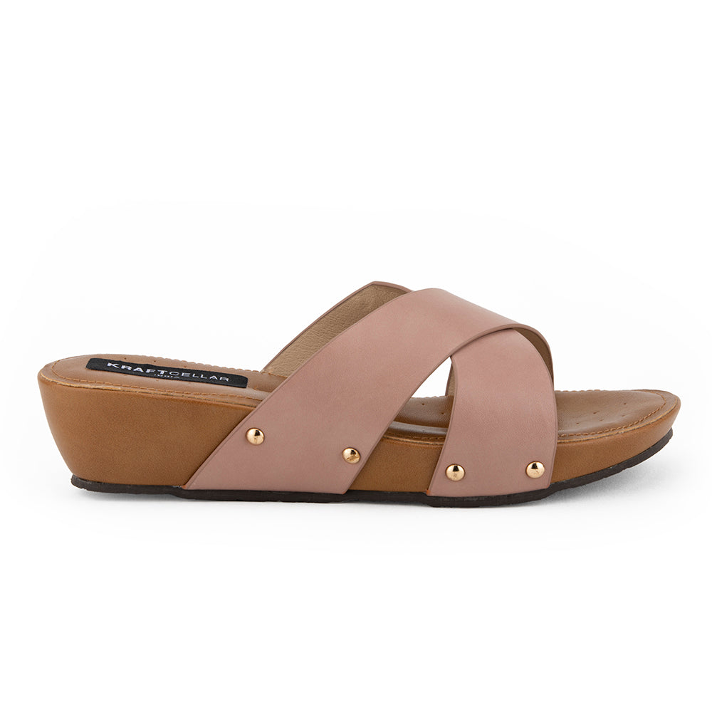 women comfort low heel platforms of 1.5inch, with gold cross straps. A must have for every occasion.