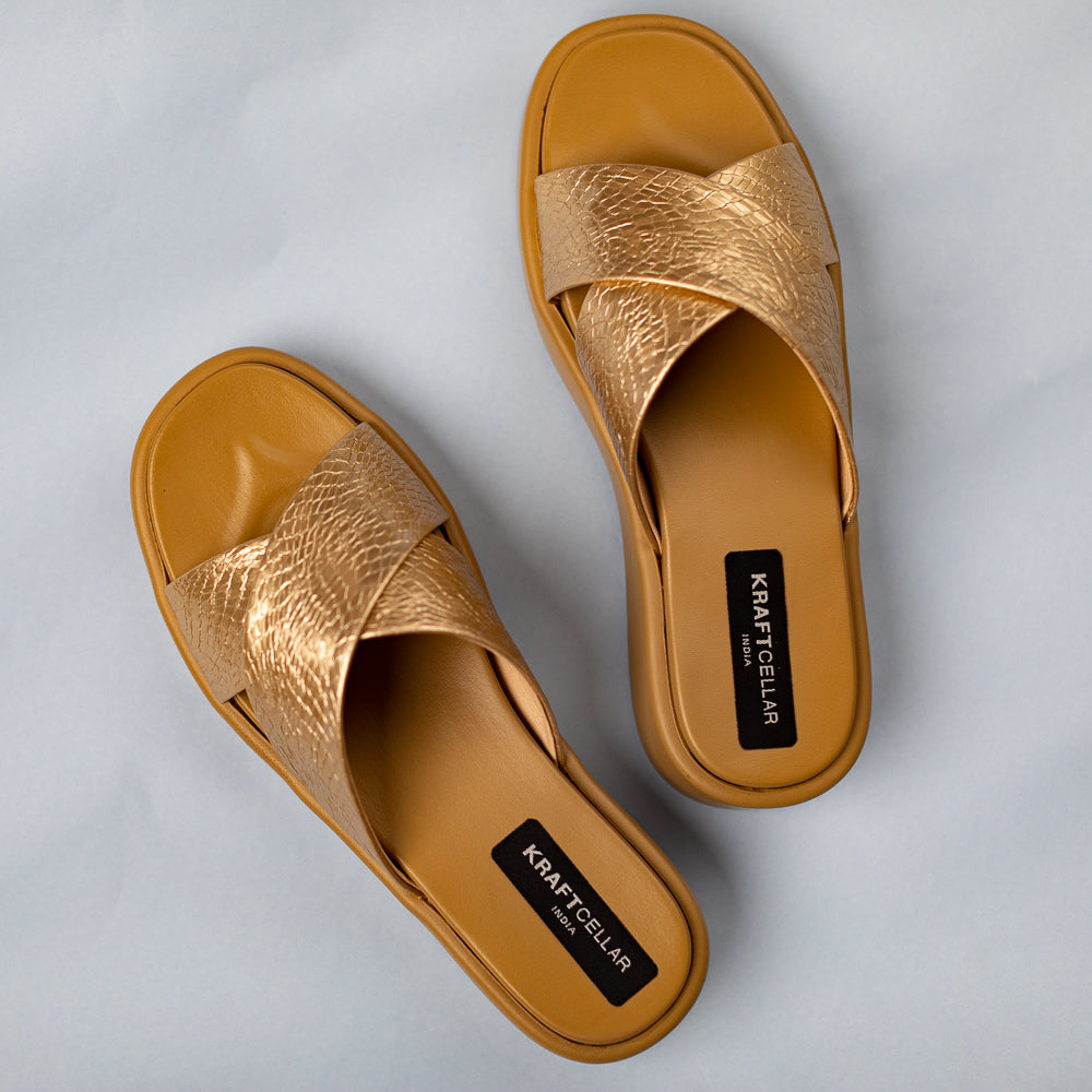 women comfort cross-strapped gold low platform heels of 1.5inch. Perfect to add an instant statement to your outfit.